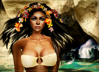 Картинка 3д графика people люди купальник цветы волосы мулатка
