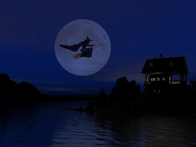 Обои картинки фото 3д, графика, holidays, праздники, ночь, луна, ведьма, вода, дом