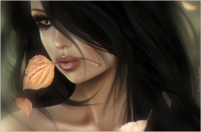 Обои картинки фото 3д, графика, portraits, портрет, лицо, волосы, листок