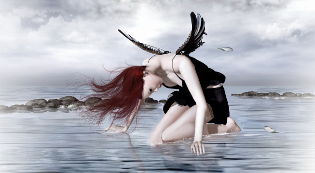 Обои картинки фото 3д, графика, angel, ангел, крылья, вода