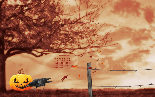 Обои картинки фото календари, рисованные, векторная, графика, тыква, ворон, дерево