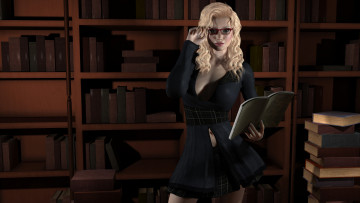 Картинка 3д+графика люди+ people блондинка полки девушка взгляд очки книги