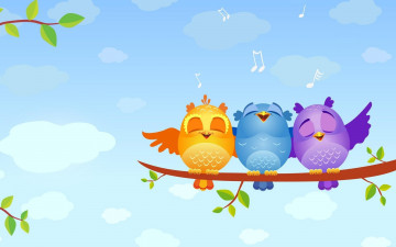 Картинка векторная+графика птицы небо ноты облака песня совята ветка