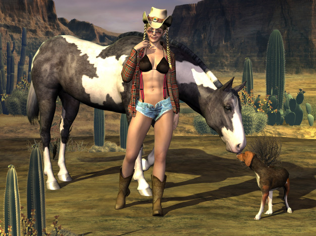 Обои картинки фото 3д графика, люди , people, девушка, улыбка, собака, шляпа, косички, лошадь, взгляд, горы, кактусы
