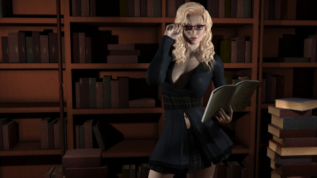 Обои картинки фото 3д графика, люди , people, блондинка, полки, девушка, взгляд, очки, книги