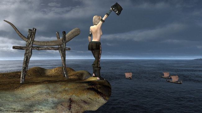 Обои картинки фото 3д графика, люди , people, море, рог, парусники, взгляд, девушка