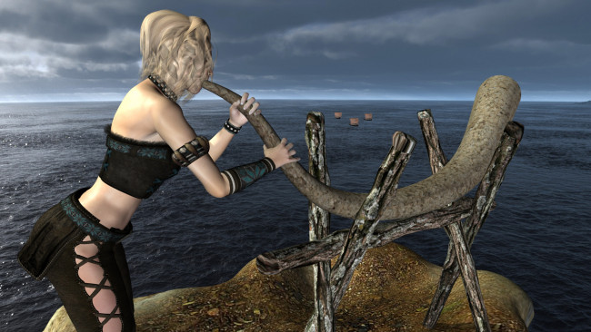 Обои картинки фото 3д графика, люди , people, рог, море, взгляд, парусники, девушка