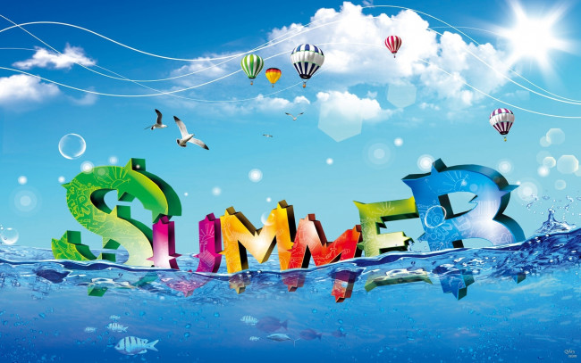 Обои картинки фото векторная графика, другое, облака, вода, надпись, небо, шары, рыбы, линии, полосы, свет, буквы, лето, море