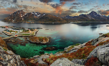 Картинка города -+пейзажи закат река горы поселок