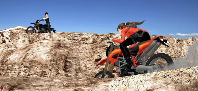 Обои картинки фото 3д графика, люди-авто, мото , people- car ,  moto, фон, девушки, взгляд, мотоцикл