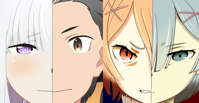 Обои картинки фото аниме, re,  zero kara hajimeru isekai seikatsu, рем, рам, субару, эмилия