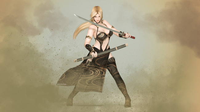 Обои картинки фото 3д графика, фантазия , fantasy, девушка, фон, взгляд, катана
