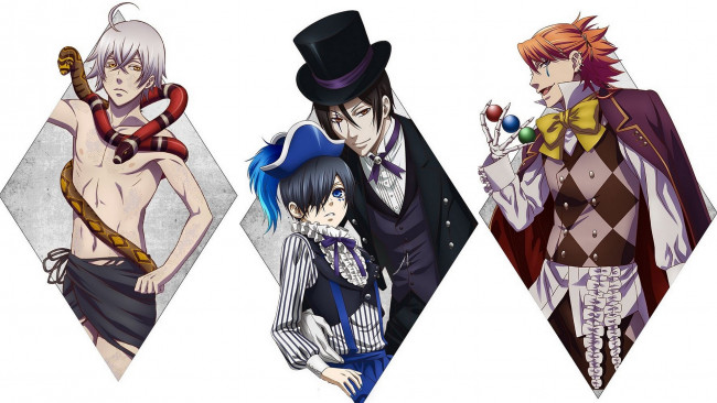 Обои картинки фото аниме, kuroshitsuji, тёмный, дворецкий, книга, цирка