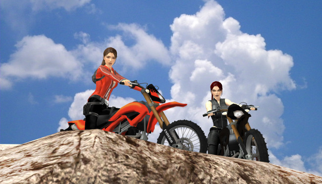 Обои картинки фото 3д графика, люди-авто, мото , people- car ,  moto, девушки, фон, мотоцикл, взгляд