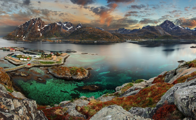 Обои картинки фото города, - пейзажи, закат, река, горы, поселок