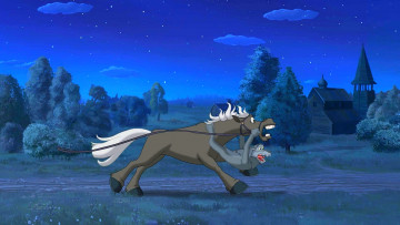 Картинка мультфильмы иван+царевич+и+серый+волк+2 лошадь волк дорога здание природа