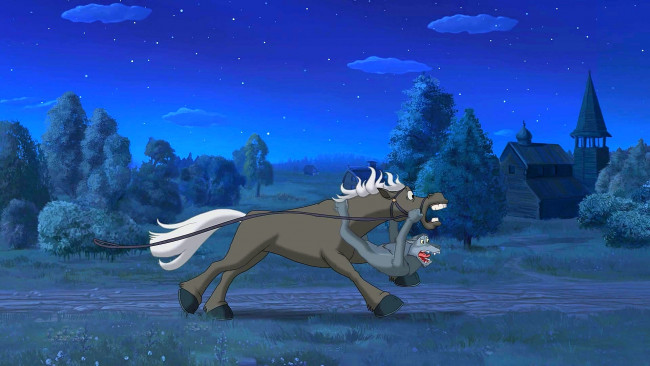 Обои картинки фото мультфильмы, иван царевич и серый волк 2, лошадь, волк, дорога, здание, природа