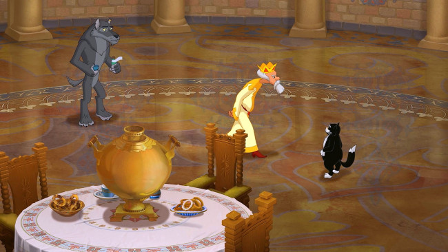 Обои картинки фото мультфильмы, иван царевич и серый волк 2, самовар, царь, волк, кот, стол, стул