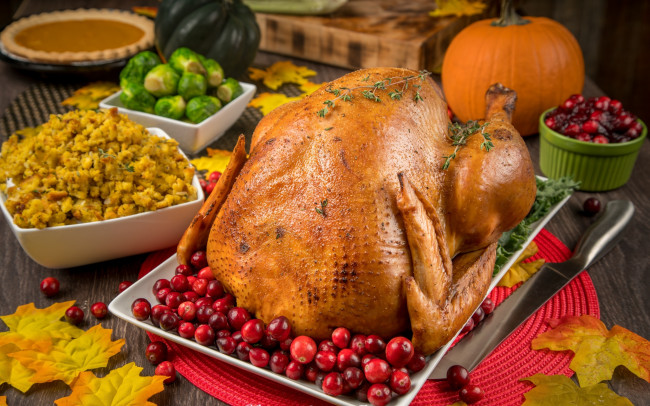 Обои картинки фото еда, мясные блюда, тыква, индейка, брюссельская, капуста, клюква, птица