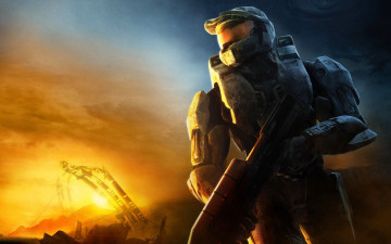 Картинка видео+игры halo+3 броня шлем воин оружие развалины пожар огонь