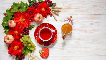 Картинка еда разное георгины мед чай виноград яблоки