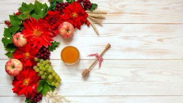 Картинка еда разное георгины мед виноград яблоки