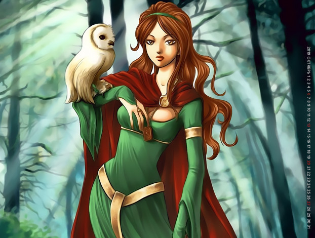 Обои картинки фото календари, фэнтези, calendar, взгляд, 2019, девушка, сова, птица