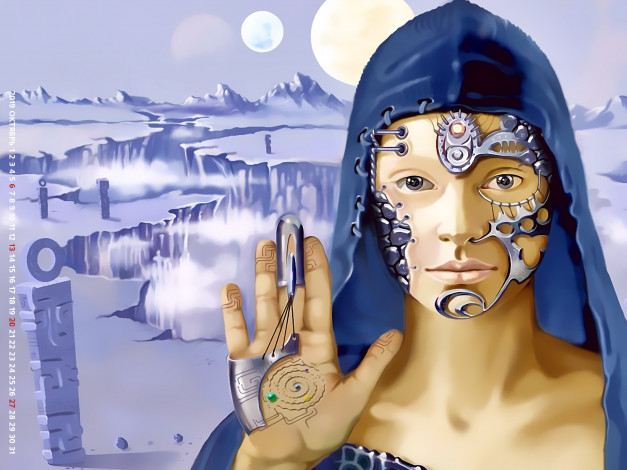 Обои картинки фото календари, фэнтези, девушка, капюшон, 2019, calendar, механизм