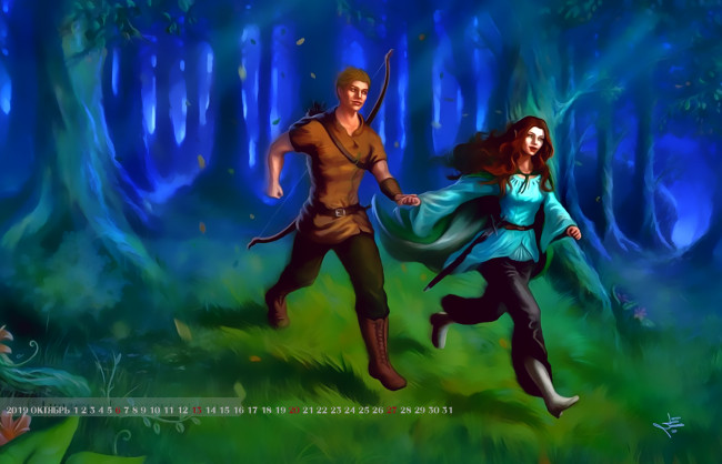 Обои картинки фото календари, фэнтези, 2019, дерево, растение, calendar, природа, девушка, мужчина, лес