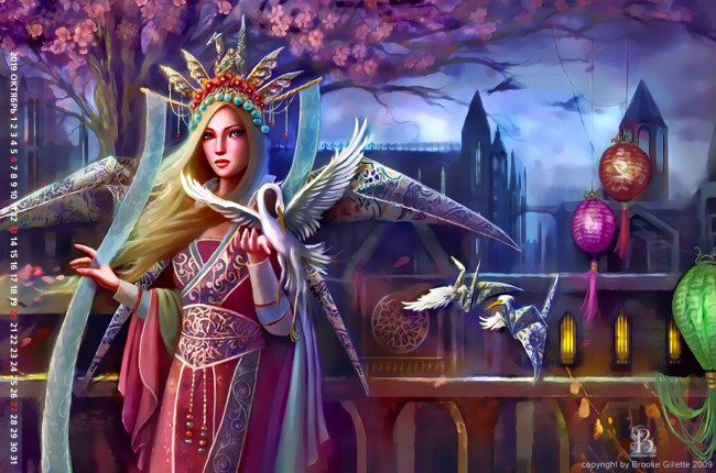 Обои картинки фото календари, фэнтези, девушка, птица, город, здание, calendar, 2019