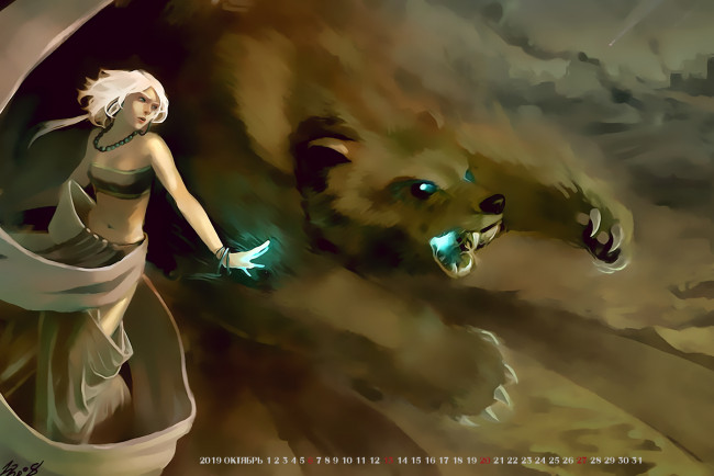 Обои картинки фото календари, фэнтези, медведь, девушка, животное, calendar, 2019