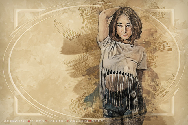 Обои картинки фото календари, компьютерный дизайн, 2019, calendar, винтаж, ретро, женщина, узор, азиатка, девушка, рисунок, взгляд