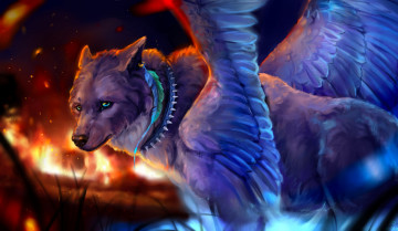 Картинка фэнтези существа волк перо ошейник крылья огонь