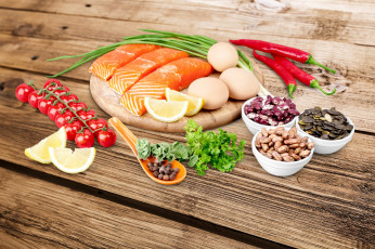 Картинка еда рыба +морепродукты +суши +роллы форель лимон перец помидоры фасоль