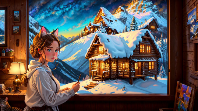 Обои картинки фото аниме, зима,  новый год,  рождество, нейросети, графика, нейроарт, ai, art, нейронные, сети, рисунки, нейро, искусство