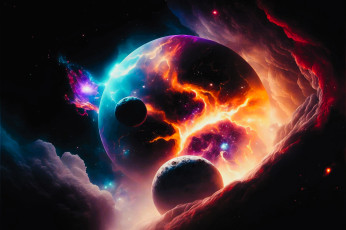 обоя космос, арт, планеты, туманность, катастрофа