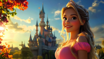 Картинка 3д+графика мультфильмы +кино +видео+игры девушка принцесса диадема замок парк осень
