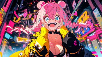 обоя аниме, город,  улицы,  интерьер,  здания, девушка, розовые, волосы, жест, неон, сердечки