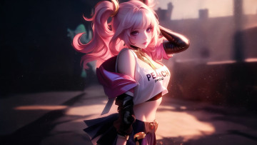 обоя аниме, unknown,  другое , девушка, топ, юбка, куртка, город