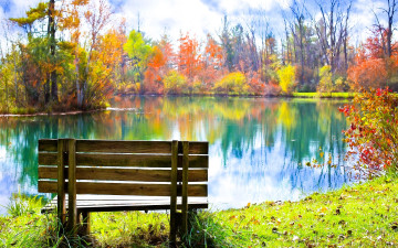 Картинка природа реки озера лес осень деревья озеро скамейка