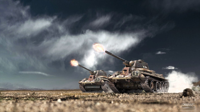 Обои картинки фото видео игры, crossout, танки, огонь, поле, облака