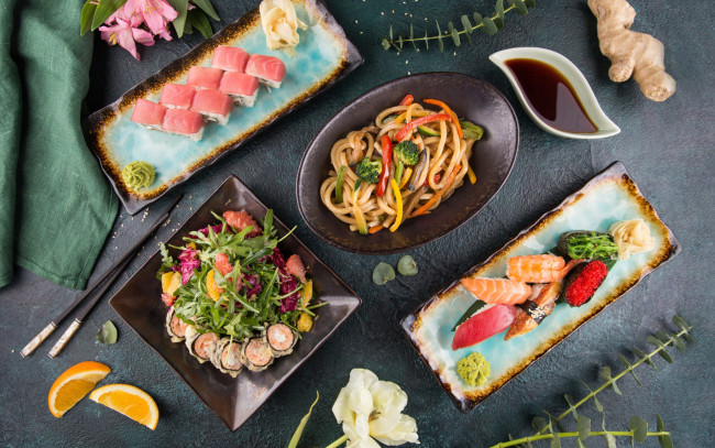 Обои картинки фото еда, разное, имбирь, роллы, лапша, суши