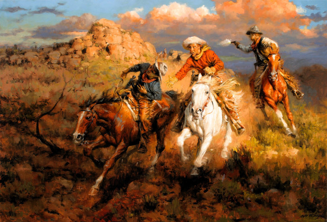 Обои картинки фото рисованное, andy thomas, всадники, погоня, скала, прерия