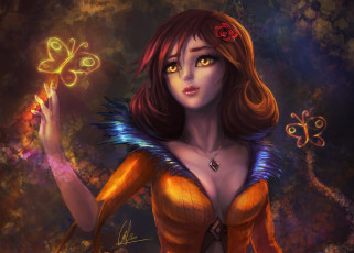 Картинка фэнтези девушки арт девушка взгляд лицо глаза волосы платье украшение бабочки