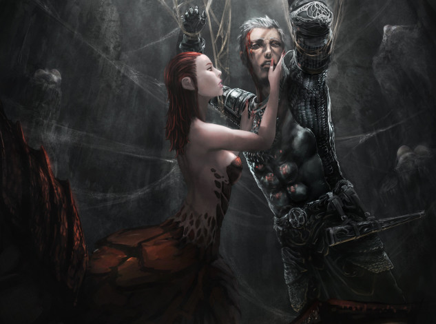 Обои картинки фото фэнтези, существа, фантастика, арт, паучиха, девушка, взгляд, паутина, парень