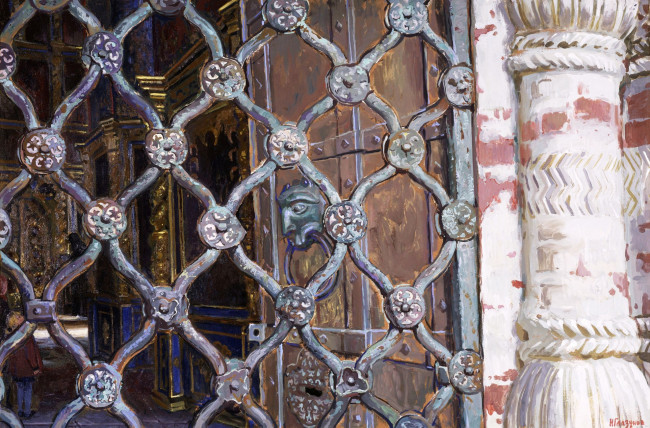 Обои картинки фото успенский собор в ростове великом, рисованное, иван глазунов, роспись, коридор, решетка, здание, колонна