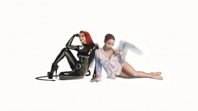 Обои картинки фото рисованное, комиксы, крылья, латекс, униформа, ангел, рога, демон, взгляд, фон, девушки