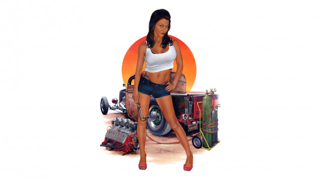 Обои картинки фото рисованное, люди, автомобиль, девушка, фон, взгляд