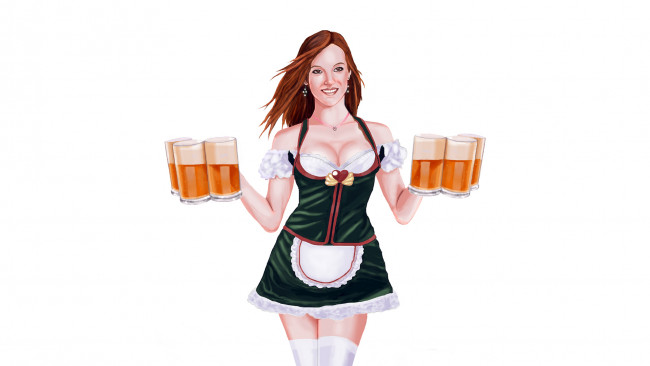 Обои картинки фото рисованное, люди, девушка, фон, взгляд, улыбка, пиво