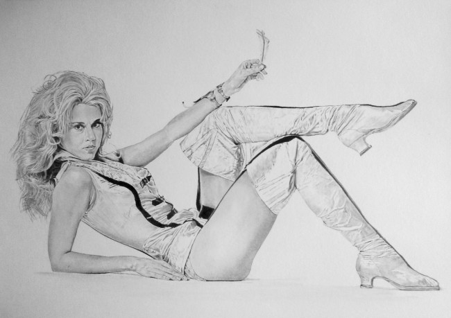 Обои картинки фото jane fonda, рисованное, люди, девушка, фон, взгляд, униформа